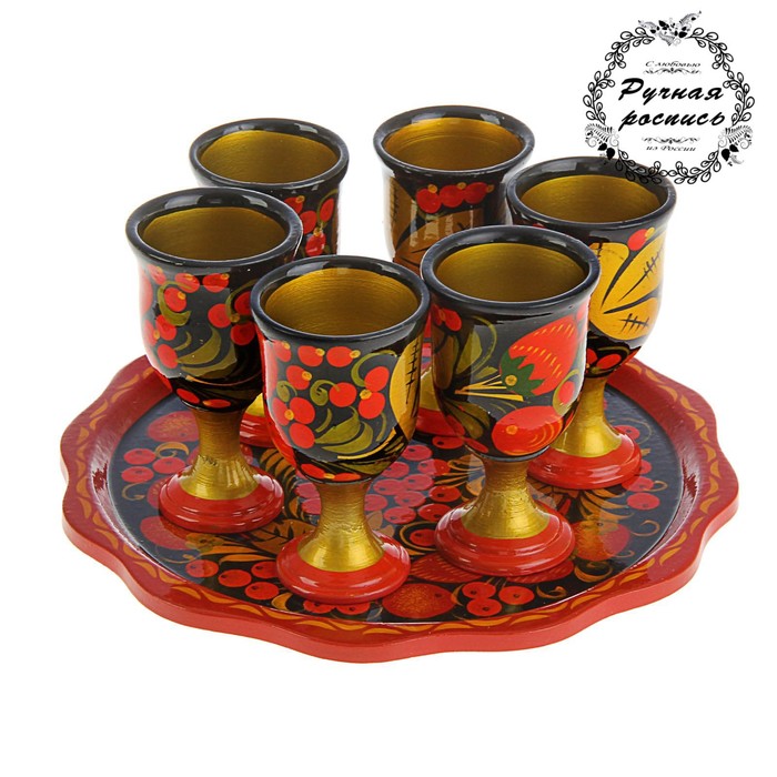 Набор для вина «Хохлома»: 6 рюмок, поднос сервировочный