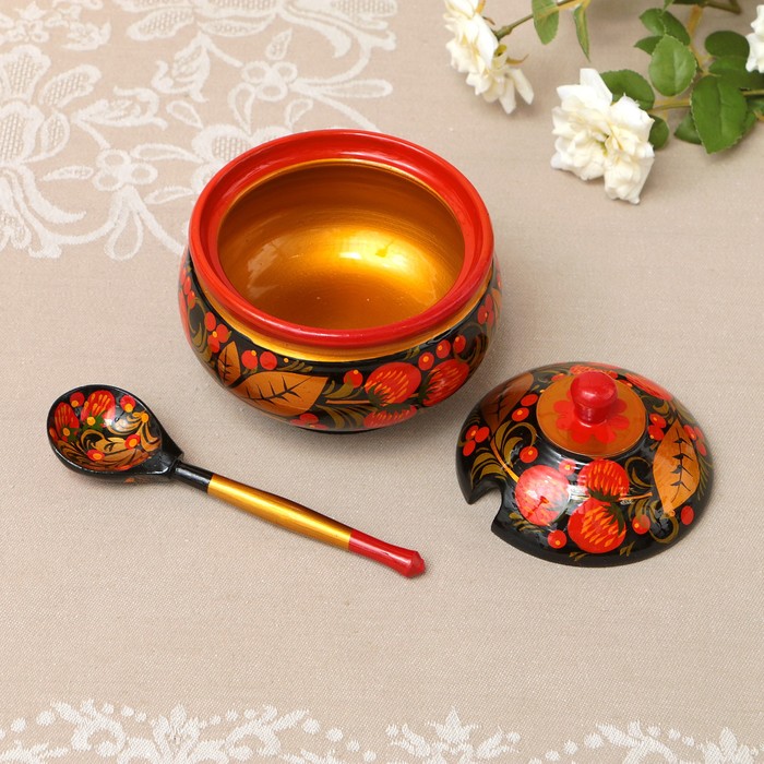 Сахарница «Красивая», с крышкой и ложкой, 12×11 см, хохлома