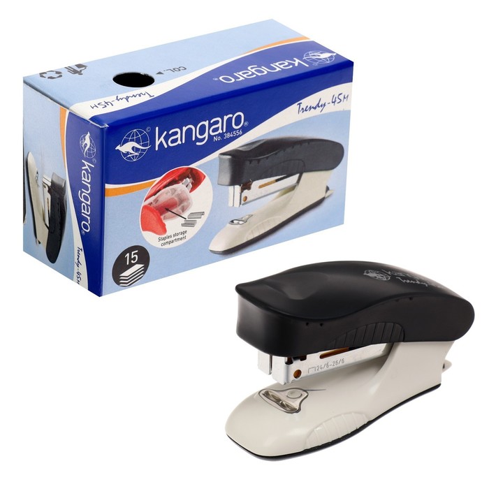 Степлер №24/6 и 26/6 15 листов Kangaro mini Trendy 45М встроенный антистеплер, 50 скоб, микс