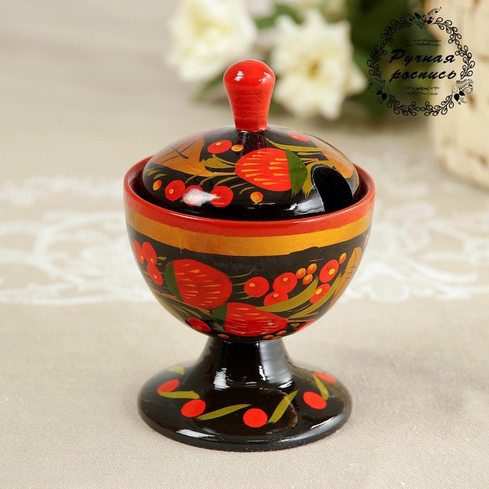 Солонка «Вазочка», на ножке, с крышкой, 8×11 см, хохлома