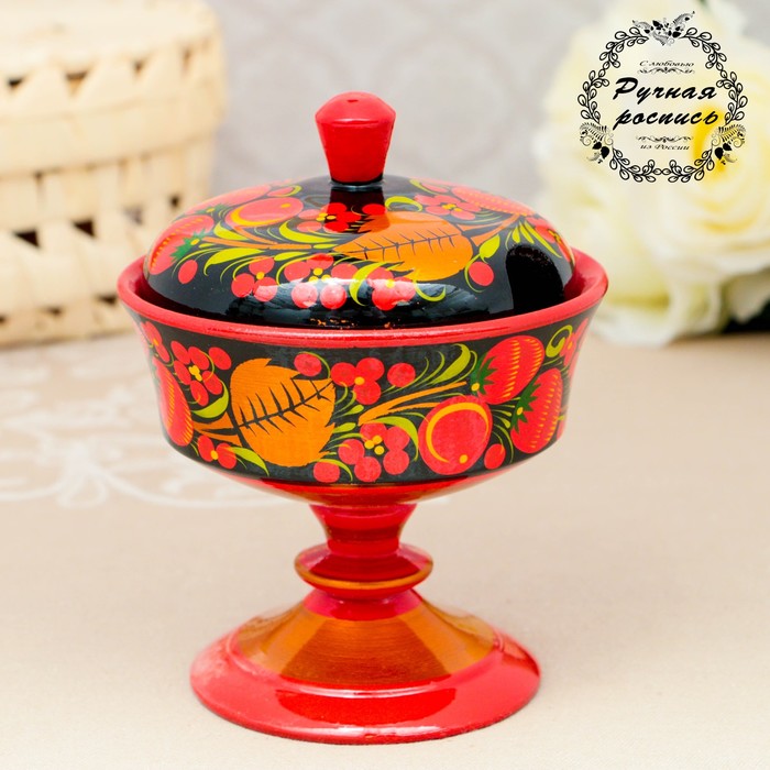 Ваза для варенья «Круглая» на ножке с крышкой, хохлома