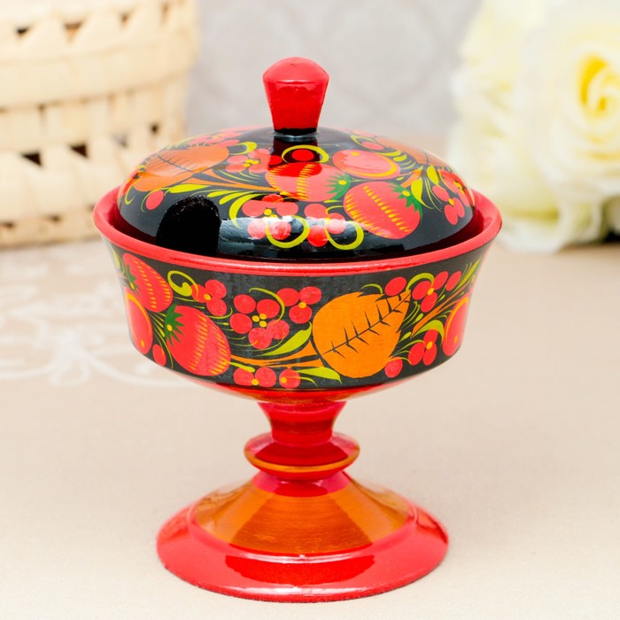 Ваза для варенья «Круглая» на ножке с крышкой, хохлома