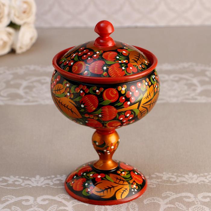 Ваза для варенья «Круглая» на ножке с крышкой, хохлома