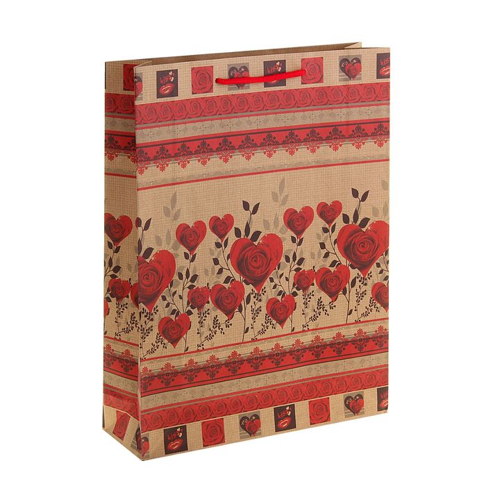 Пакет крафт "Сердца из роз", 19 х 8 х 25 см