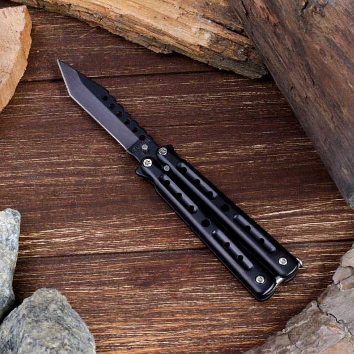 Нож складной неавтоматический бабочка, рукоять чёрная с точками