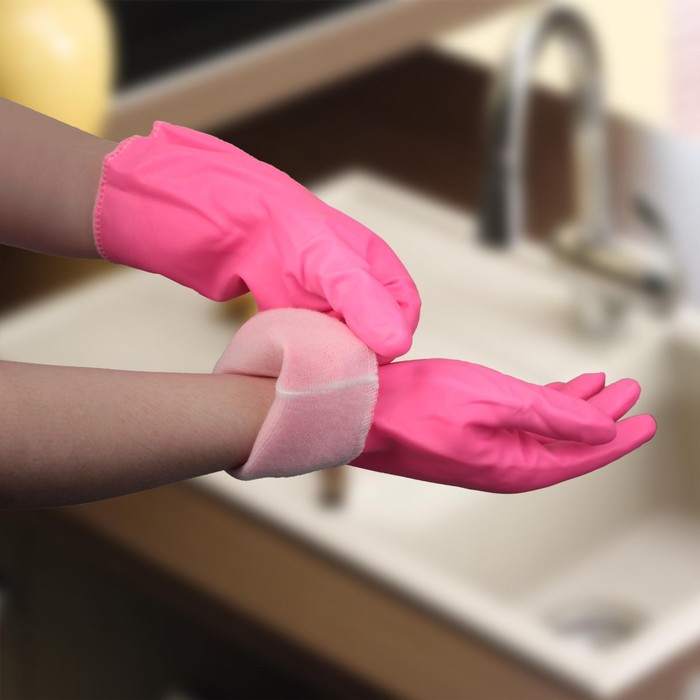Перчатки хозяйственные резиновые Доляна, с подкладом, размер L, 90 гр, цвет розовый перчатки хозяйственные резиновые доляна размер l защитные химически стойкие 55 гр цвет чёрный