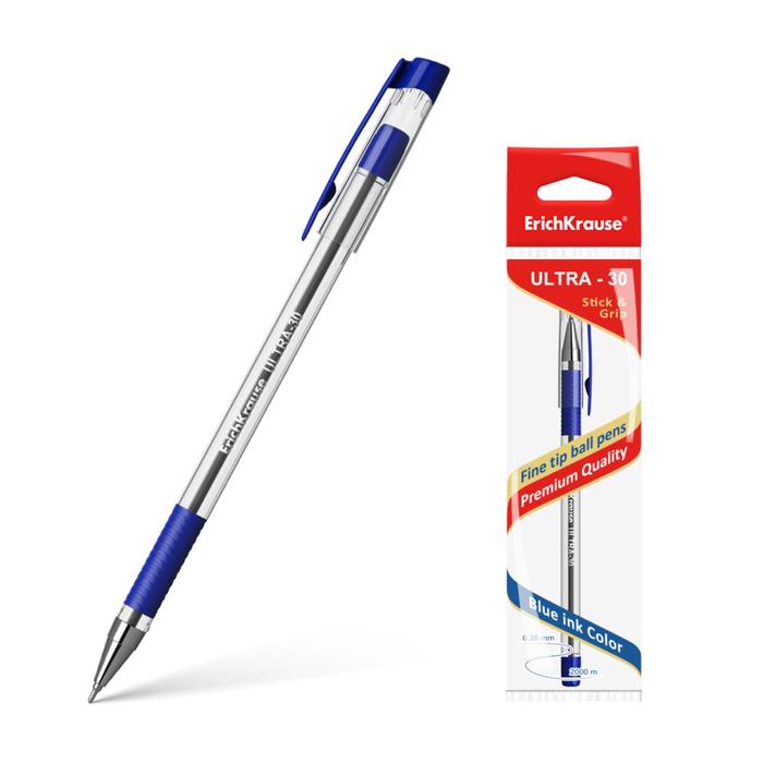 фото Ручка шариковая erich krause ultra-30, узел-игла 0.7 мм, чернила синие, резиновый упор, длина линии письма 2000 метров, 1 штука erichkrause