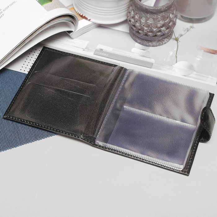 Визитница на кнопке, 2 ряда, 36 листов, глянцевый, чёрный