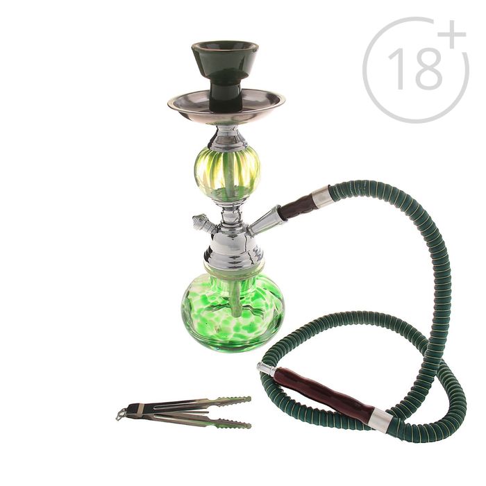 Кальян "Зелёный мрамор", 26 см, 1 трубка, колба-шар, шланг тёмно-зелёный, шахта под серебро