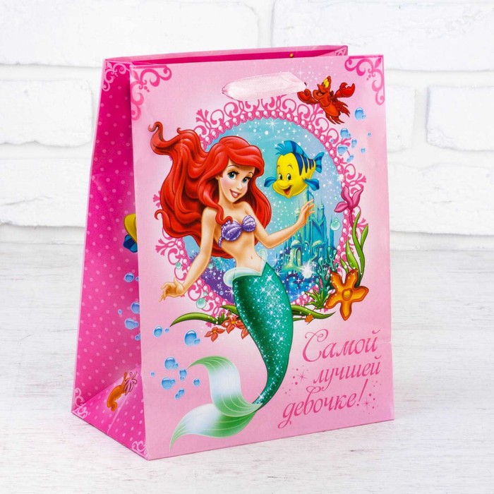 Пакет ламинированный вертикальный "Самой лучшей девочке", Принцессы: Русалочка, + мини-открытка, ПВХ окно с блестками