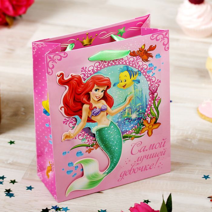 Пакет ламинированный "Самой лучшей девочке", Принцессы: Русалочка, + мини-открытка, ПВХ окно с блестками