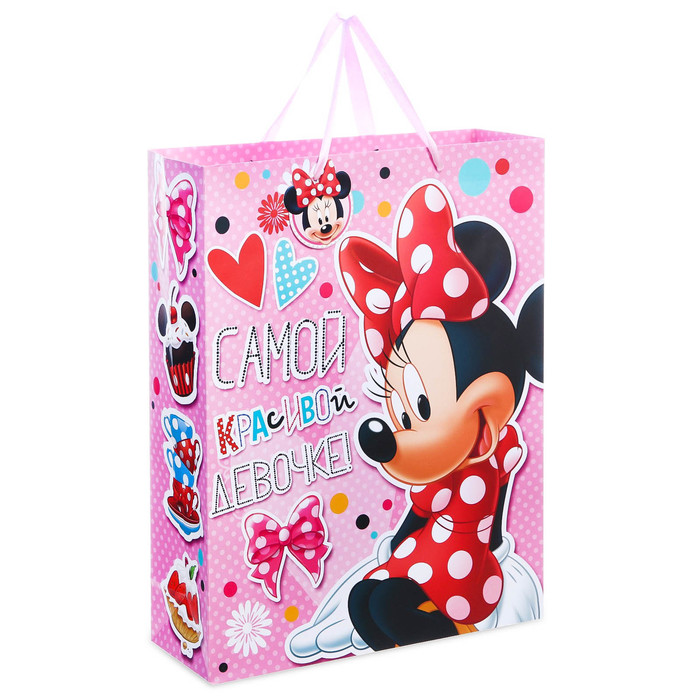 Пакет ламинированный вертикальный "Самой Красивой Девочке", Минни Маус, 18 х 23 см, + мини-открытка