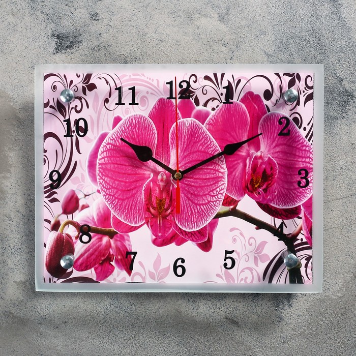 Часы-картина настенные, серия Цветы, Розовые орхидеи с узором, 20х25 см
