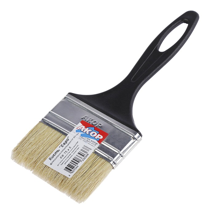 Кисть плоская "АКОР" Евро, 75х8 мм, ручка пластик, натуральная щетина