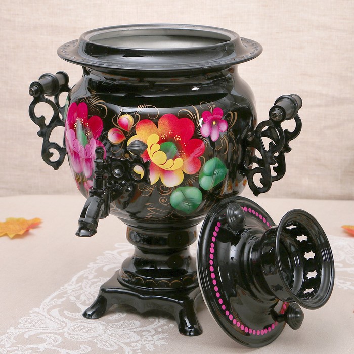 Самовар «Жостово на чёрном», овал, 3 л, электрический