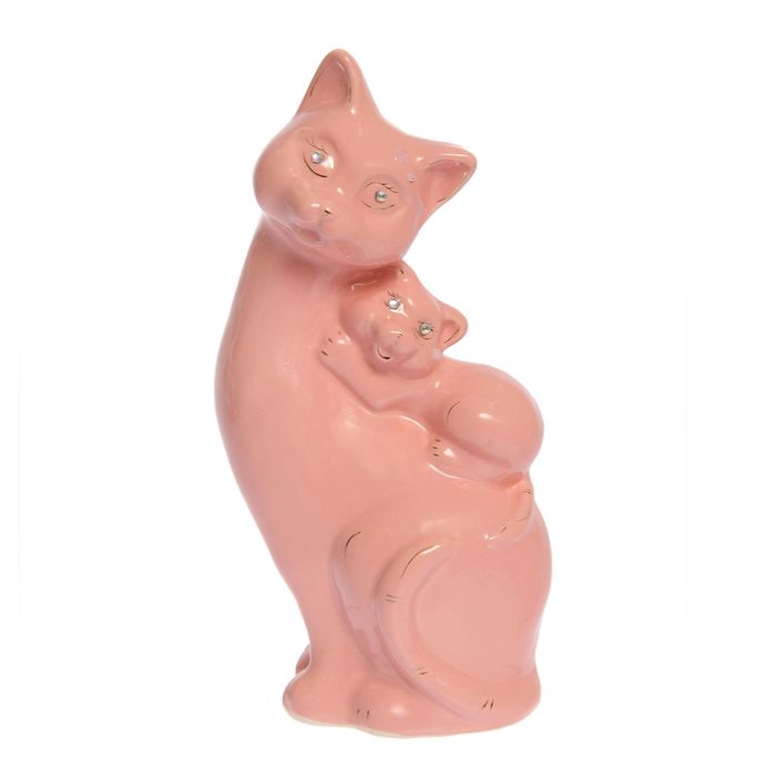 Копилка "Кошка с котёнком на спине" глазурь, розовая