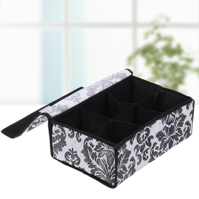 Органайзер для белья с крышкой, 6 ячеек, 28х19х10 см, "Вензель", цвет черно-белый