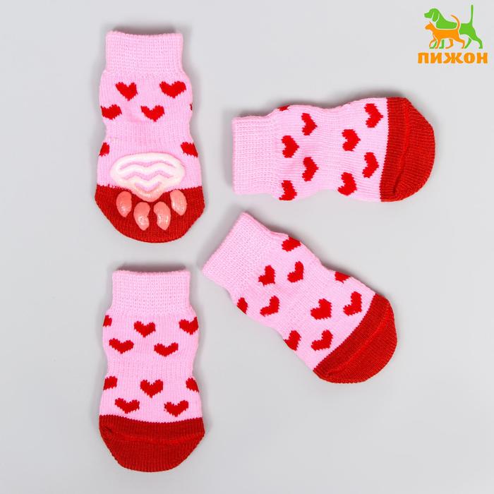 фото Носки нескользящие "сердечки", размер м (3/4 * 7 см), набор 4 шт, розовые пижон