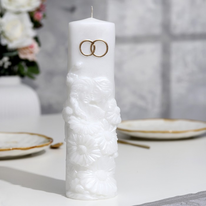 фото Свеча-цилиндр свадебная "романтика с кольцами", 25х8 см, белая, домашний очаг