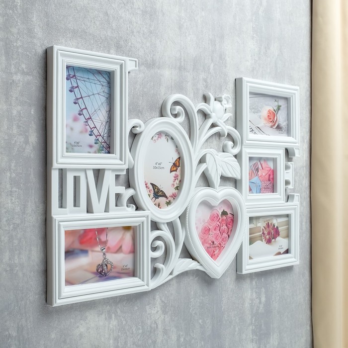 Фоторамка на 7 фото 13х13 см, 10х15 см, 10х10 см "Цветущая любовь" белая