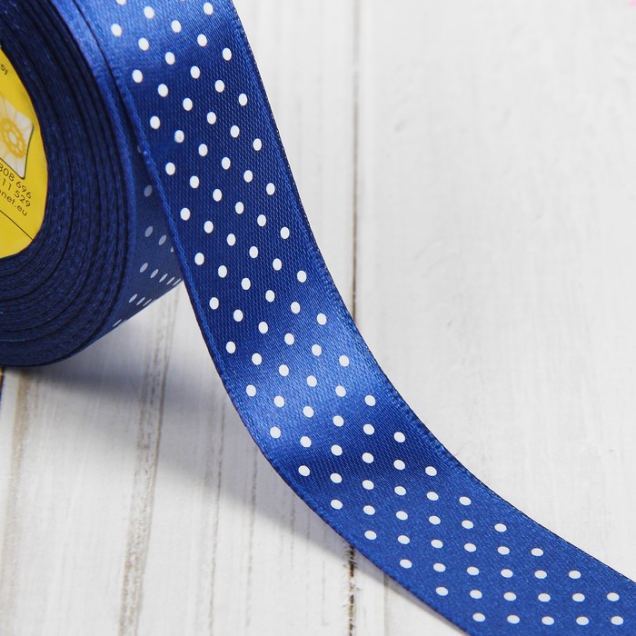 Лента атласная "Горох", 25мм, 25м, цвет тёмно-синий