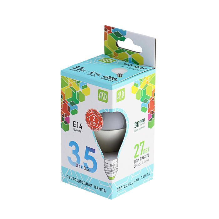 Лампа светодиодная ASD, Е14, 3.5 Вт, 210 - 240 В, 4000 К, "шар"