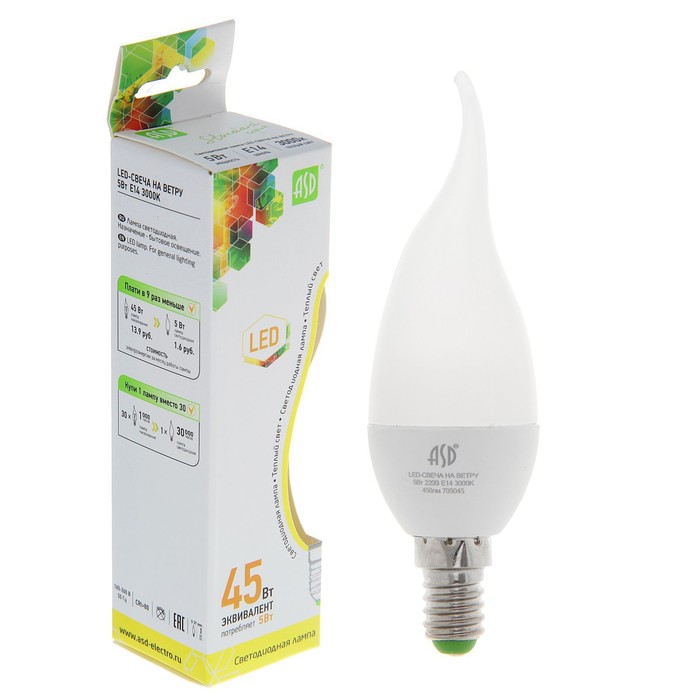 Лампа светодиодная ASD LED-СВЕЧА НА ВЕТРУ-standard, Е14, 5 Вт, 230 В, 3000 К, 450 Лм