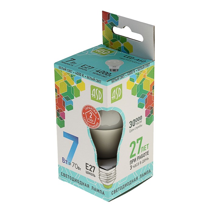 Лампа светодиодная ASD, Е27, 7 Вт, 210 - 240 В, 4000 К