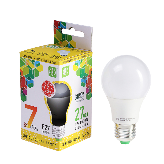 Лампа светодиодная ASD, Е27, 7 Вт, 210 - 240 В, 3000 К