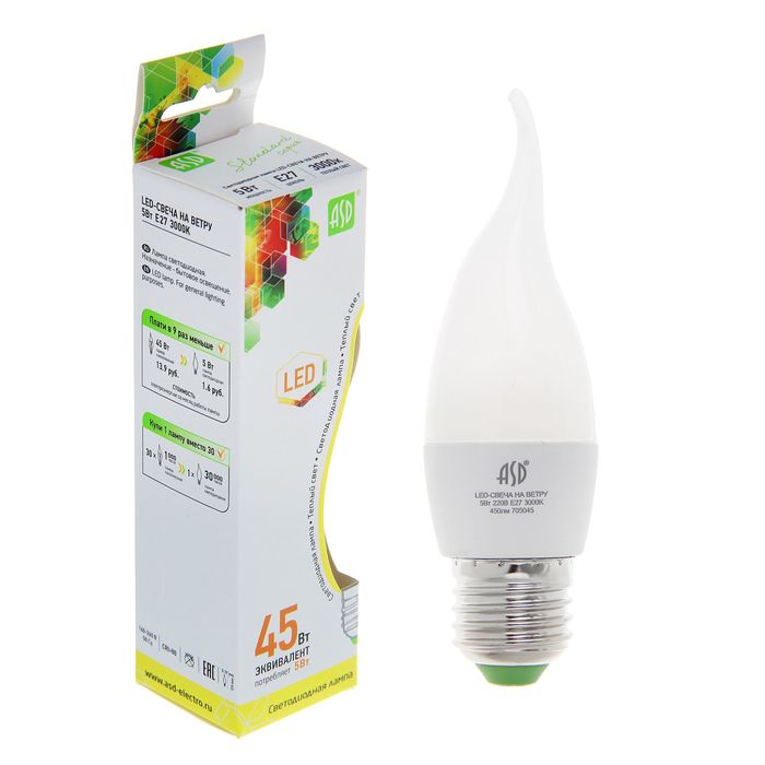 Лампа светодиодная ASD, Е27, 5 Вт, 160-260 В, 3000 К, "свеча на ветру"