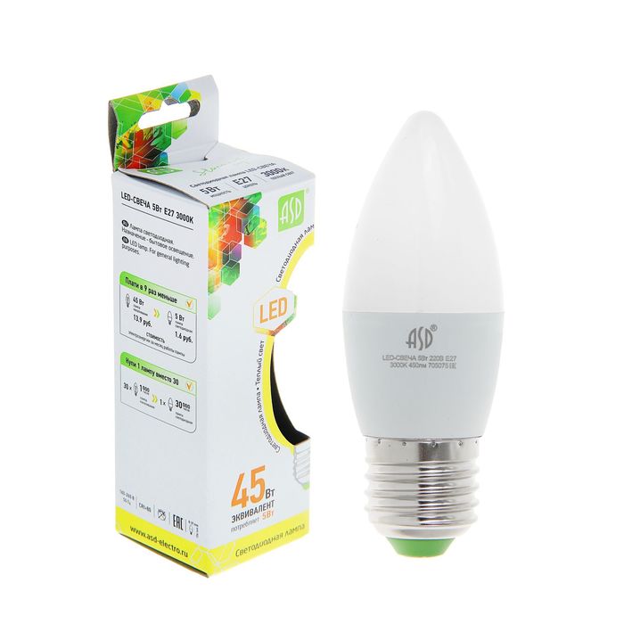 Лампа светодиодная ASD LED-СВЕЧА-standard, Е27, 5 Вт, 230 В, 3000 К, 480 Лм