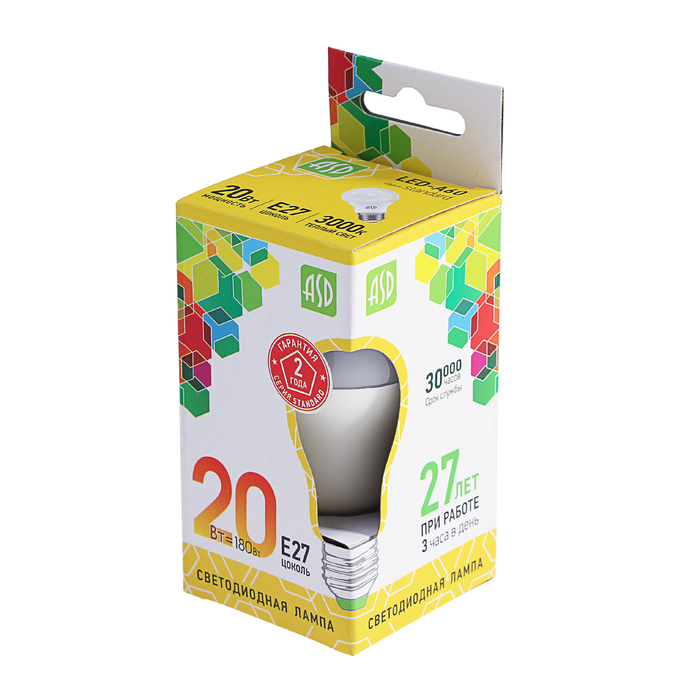 Лампа светодиодная ASD, Е27, 20 Вт, 210 - 240 В, 3000 К