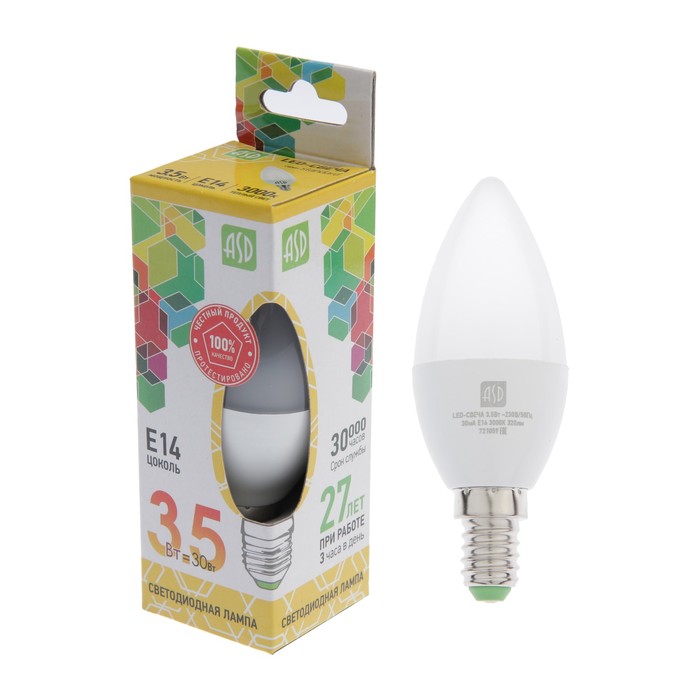 Лампа светодиодная ASD, Е14, 3.5 Вт, 160-260 В, 3000 К, "свеча"