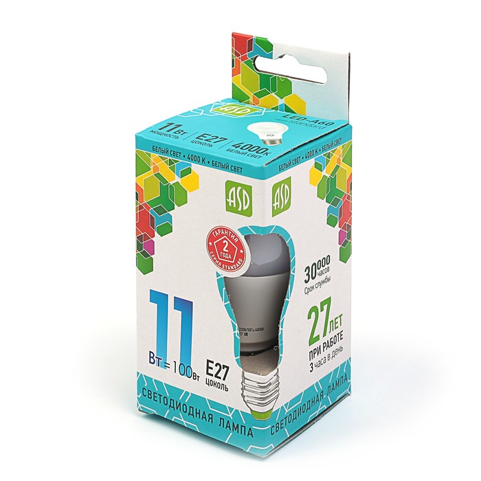 Лампа светодиодная ASD, Е27, 11 Вт, 160-260 В, 4000 К