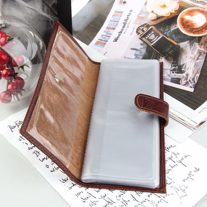 Визитница на кнопке, 2 ряда, 24 листа, игуана, цвет коричневый