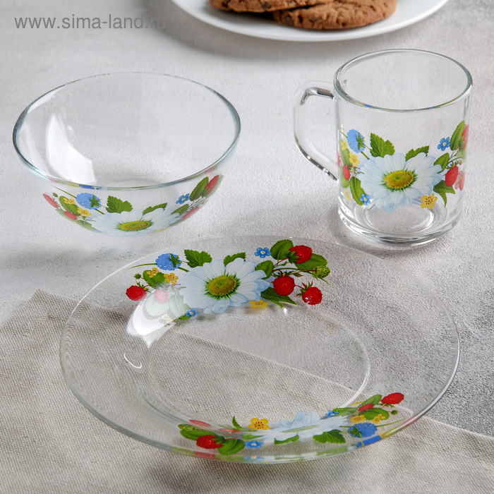 фото Набор посуды gidglass «лесная поляна», 3 предмета: тарелка d=20 см, салатник d=13 см, кружка 200 мл