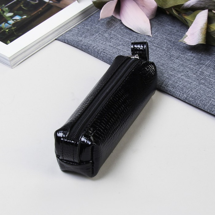 Ключница на молнии, металлическое кольцо, чёрная ящерица