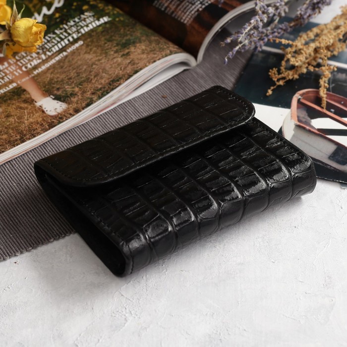 Кошелёк женский на кнопке, 1 отдел, отдел для монет, чёрный кайман