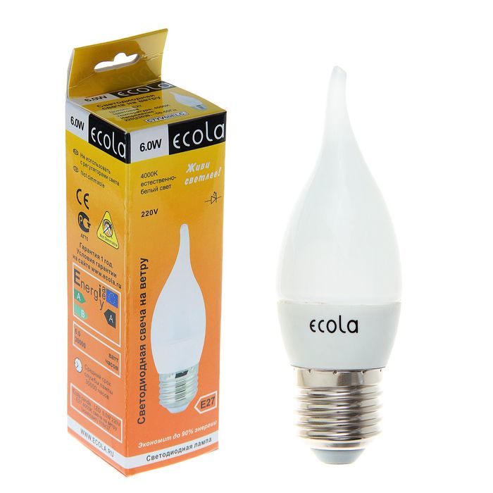 Лампа светодиодная Ecola, Е27, 6 Вт, 4000 K, "свеча на ветру"