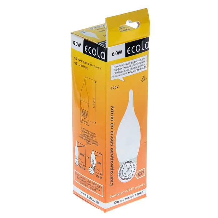 Лампа светодиодная Ecola, Е27, 6 Вт, 4000 K, "свеча на ветру"