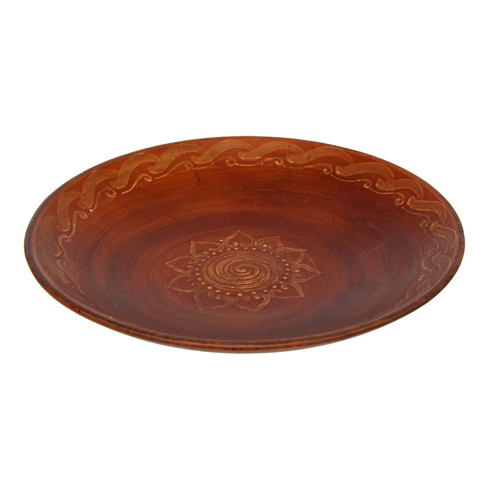 Тарелка под пиццу "Этно" трехполье, глубокая, красная глина