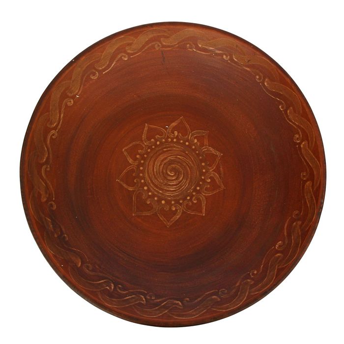 Тарелка под пиццу "Этно" трехполье, глубокая, красная глина