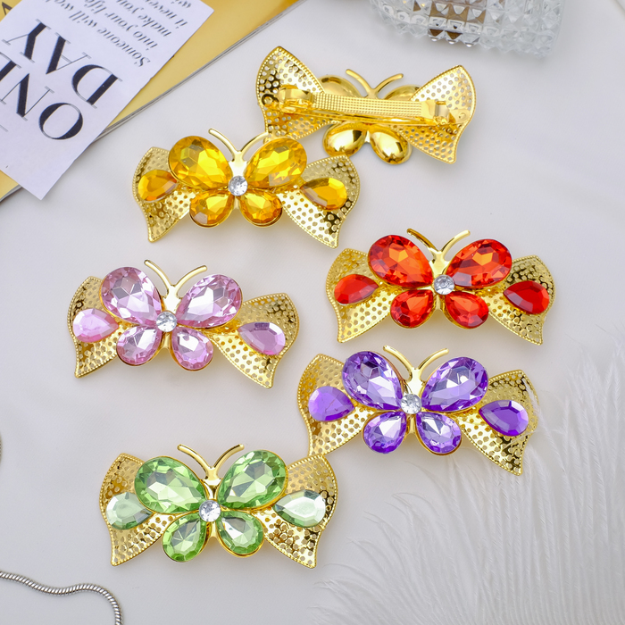 Заколка-автомат "Самоцветы", бабочка, резная, микс