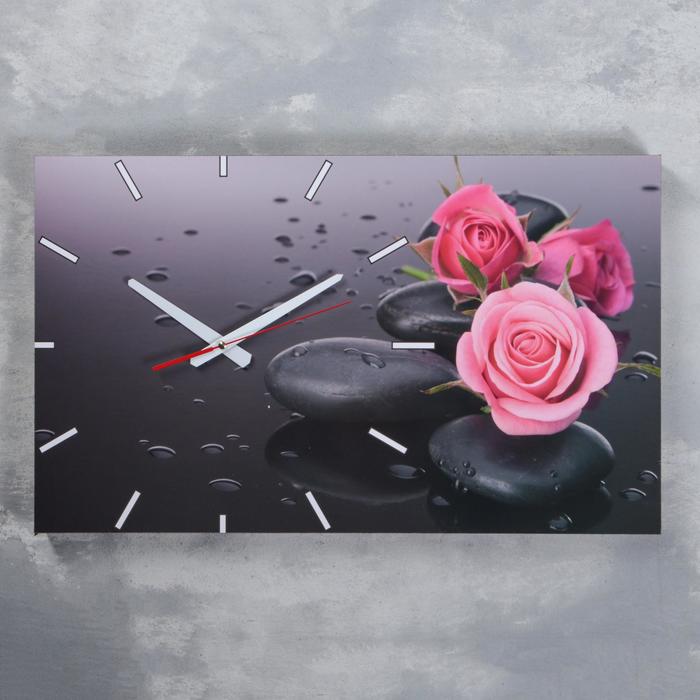 Часы-картина настенные, серия: Цветы, Розы на серых камнях, 61х37 см, микс