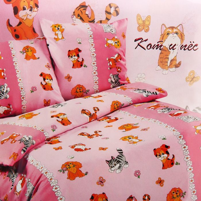 Детское постельное бельё Эталоника "Кот и пёс" детское, размер 110х145 см, 110х150 см, 40х60 см-1 шт., 115 г/м2