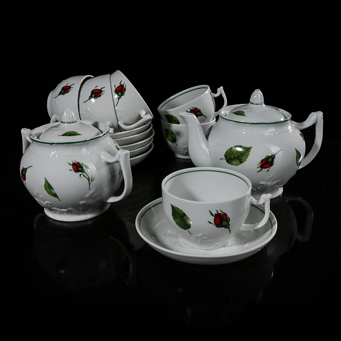 Сервиз чайный на 6 персон "Бутоны раскидные", 14 предметов: чайник 600 мл, сахарница 500 мл, 6 чашек 200 мл, 6 блюдец 14 см