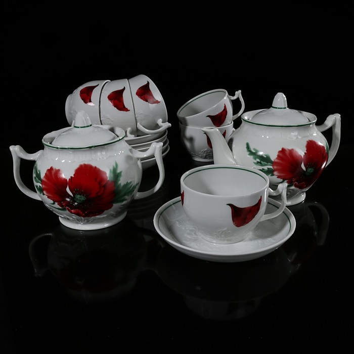 Сервиз чайный на 6 персон "Маков Цвет", 14 предметов: чайник 600 мл, сахарница 500 мл, 6 чашек 200 мл, 6 блюдец 14 см
