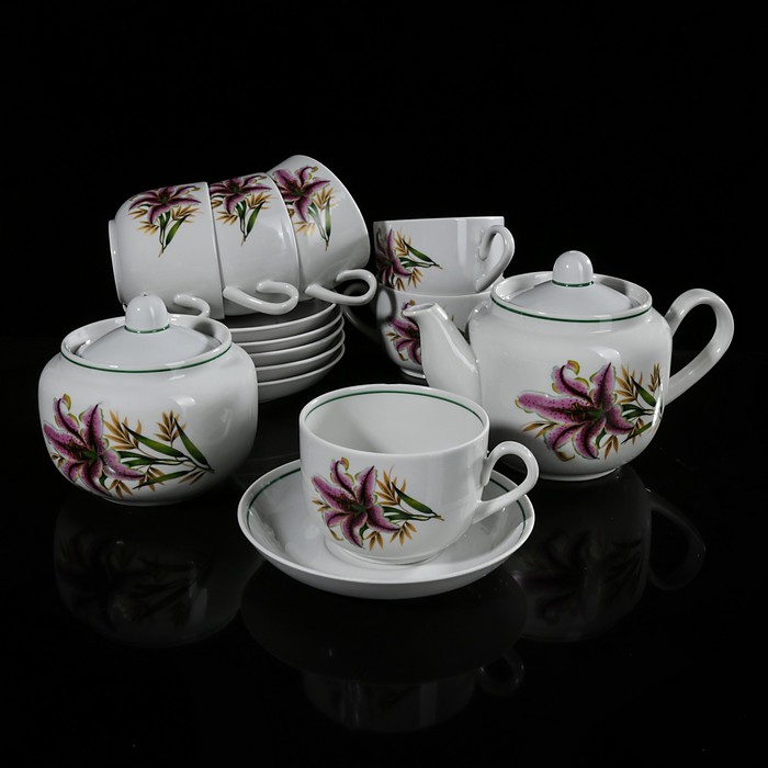 Сервиз чайный на 6 персон "Розовая лилия", 14 предметов: чайник 600 мл, сахарница 500 мл, 6 чашек 300 мл, 6 блюдец 14 см