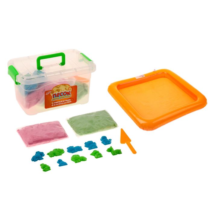 Песок для лепки "Животные", 10 формочек + совок, песочница надувная, зелёный и розовый по 1 кг