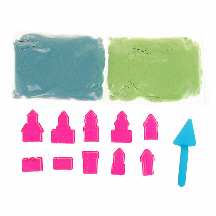 Песок для лепки "Замки", 10 формочек + совок, песочница надувная, зелёный и голубой по 1 кг